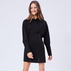 Cider Terry Drawstring Split Mini Dress Hoodie Black
